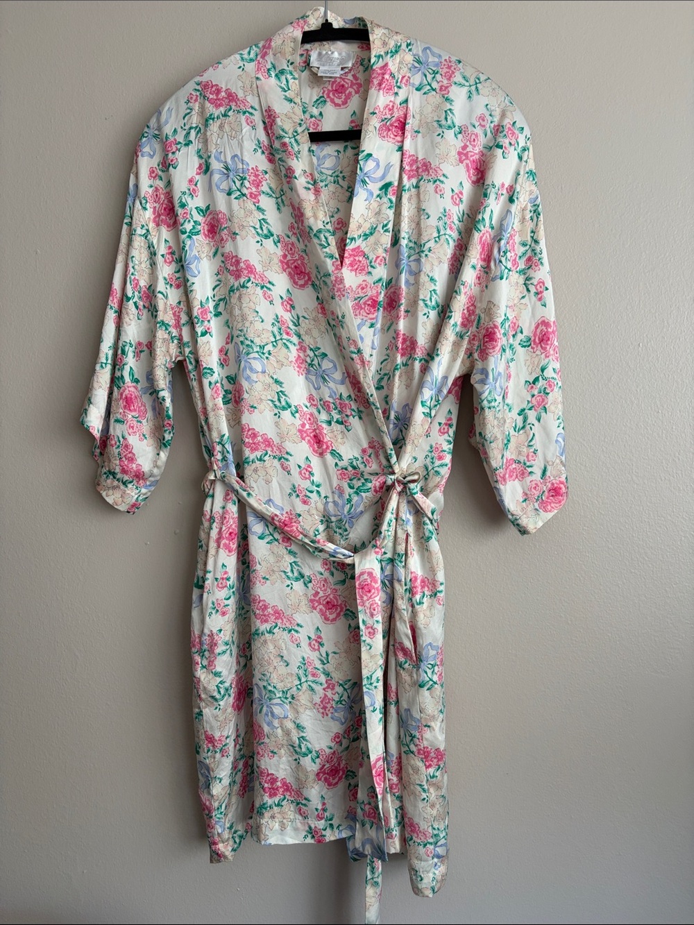 VTG Nordstrom Lingerie 100% Silk Floral Wrap Kimono Robe Pink Rose Cottagecore M